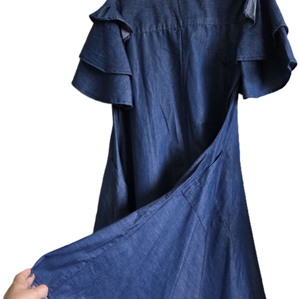 Step In Style Denim Dress M Blue Chambray Tiered Ruffle Sleeve High Low Boho - Picture 4 of 8